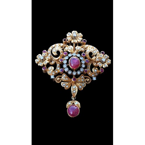 664 - AN ANTIQUE 22ct GOLD FOB/BROOCH WITH DROP SET WITH DIAMONDS RUBIES AND PEARLS