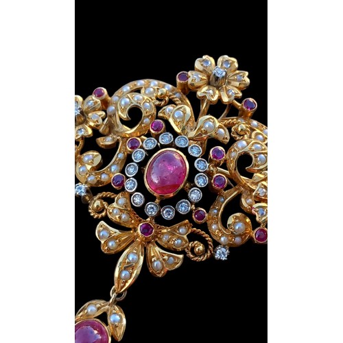 664 - AN ANTIQUE 22ct GOLD FOB/BROOCH WITH DROP SET WITH DIAMONDS RUBIES AND PEARLS