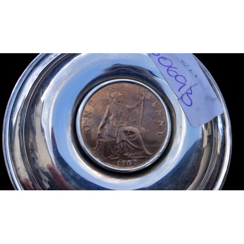 706 - A 1901  LONDON SILVER DISH WITH AN EDWARD VII PENNY (1902)TO CENTRE