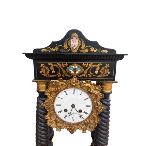 717 - A STUNNING FRENCH PORTICO CLOCK WITH TWIST PILLARS & BRASS FITTINGS COMPLETE WITH KEY & PENDULUM IN ... 