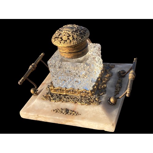 840A - 19TH CENTURY MARBLE AND BRASS INKWELL STAND COMPLETE WITH MATCHING ANTIQUE CUT GLASS INKWELL