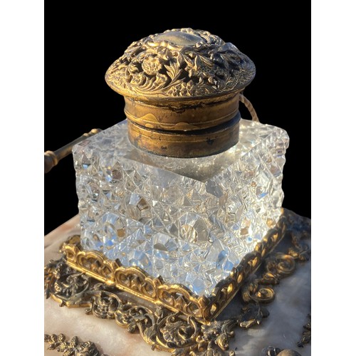 840A - 19TH CENTURY MARBLE AND BRASS INKWELL STAND COMPLETE WITH MATCHING ANTIQUE CUT GLASS INKWELL