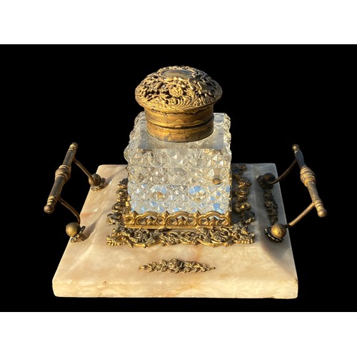 840A - 19TH CENTURY MARBLE AND BRASS INKWELL STAND COMPLETE WITH MATCHING ANTIQUE CUT GLASS INKWELL