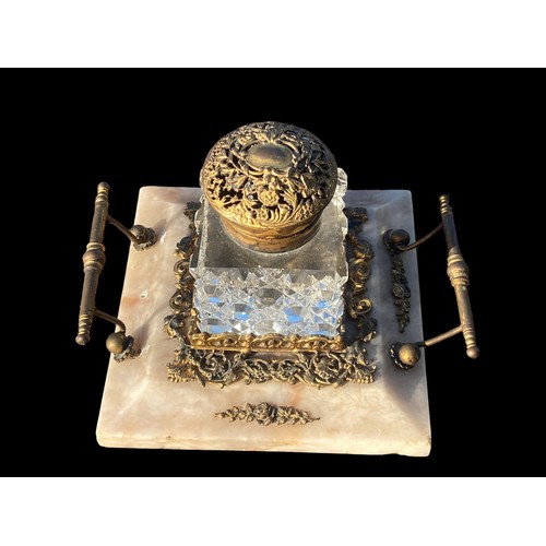 840A - 19TH CENTURY MARBLE AND BRASS INKWELL STAND COMPLETE WITH MATCHING ANTIQUE CUT GLASS INKWELL