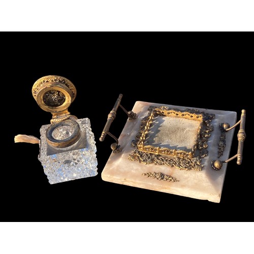 840A - 19TH CENTURY MARBLE AND BRASS INKWELL STAND COMPLETE WITH MATCHING ANTIQUE CUT GLASS INKWELL