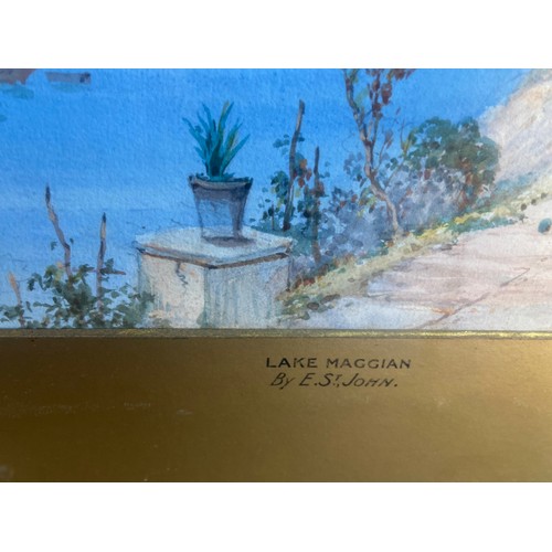 801 - LAKE MAGGIAN WATER COLOUR BY E.ST.JOHN IN ANTIQUE GILT FRAME 17X25