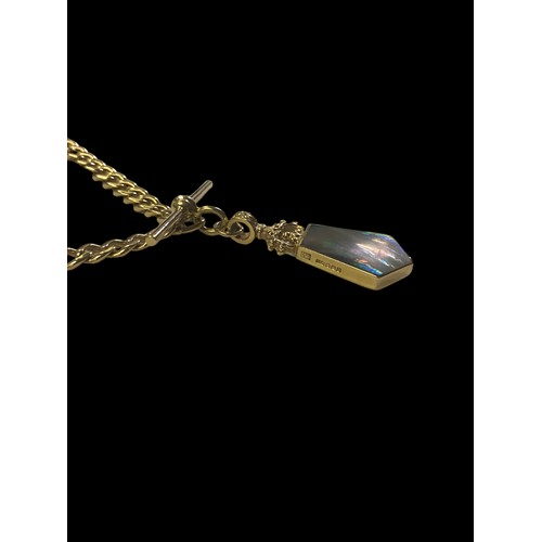 648 - A HEAVY 9CT GOLD CURB LINK CHAIN WITH A T.BAR WITH A DOUBLE SIDED PENDANT SET WITH MOTHER OF PEARL &... 