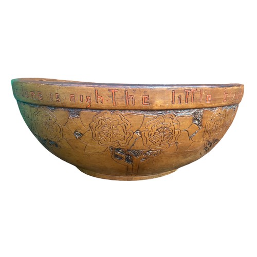 519 - A LARGE ANTIQUE CARVED WOODEN BOWL WITH INSCRIPTION 16