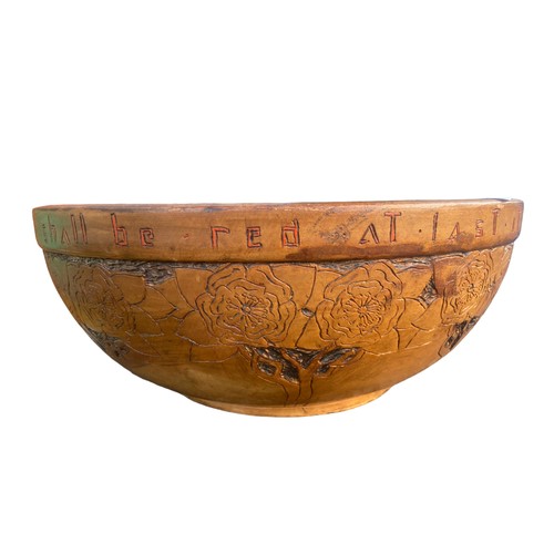 519 - A LARGE ANTIQUE CARVED WOODEN BOWL WITH INSCRIPTION 16