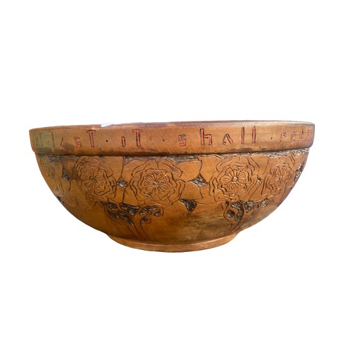 519 - A LARGE ANTIQUE CARVED WOODEN BOWL WITH INSCRIPTION 16