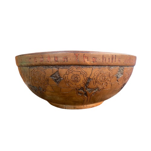 519 - A LARGE ANTIQUE CARVED WOODEN BOWL WITH INSCRIPTION 16