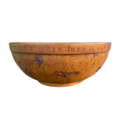 519 - A LARGE ANTIQUE CARVED WOODEN BOWL WITH INSCRIPTION 16