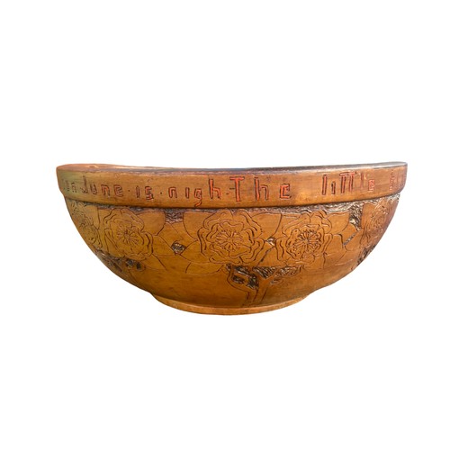 519 - A LARGE ANTIQUE CARVED WOODEN BOWL WITH INSCRIPTION 16