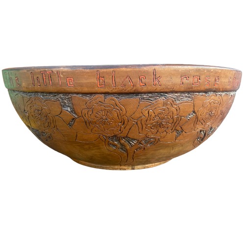 519 - A LARGE ANTIQUE CARVED WOODEN BOWL WITH INSCRIPTION 16