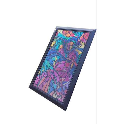 104 - A MODERN STAINED GLASS PICTURE FRAMED 31X19