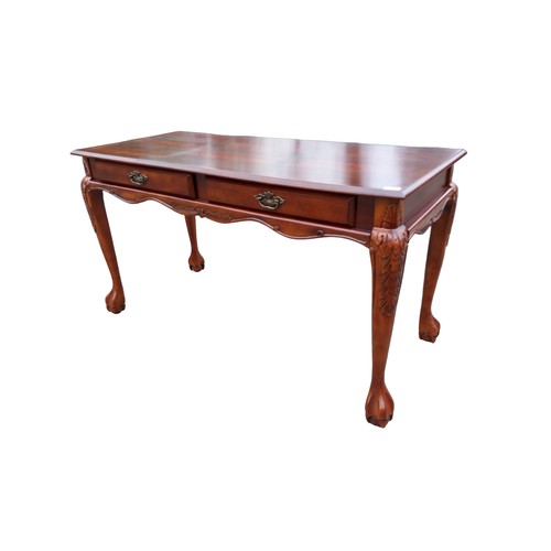 130 - A MAHOGANY 2 DRAWER DESK/TABLE ON A PAW FOOT WITH A CHIPPENDALE STYLE CHJAIR