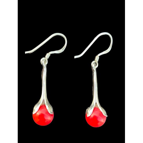 182 - A PAIR OF ORNATE DROP EARRINGS WITH RED STONES