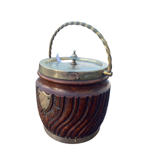 35 - HEAVY CARVED OAK BISCUIT BARREL WITH PLATED TOP AND LINER