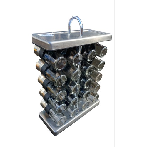 125 - A GLASS AND CHROME AMERICAN SPICE RACK (20 JARS)