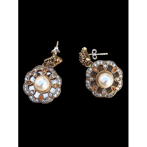 155 - ORNATE PEARL SET SILVER AND GOLD PLATE EARRINGS