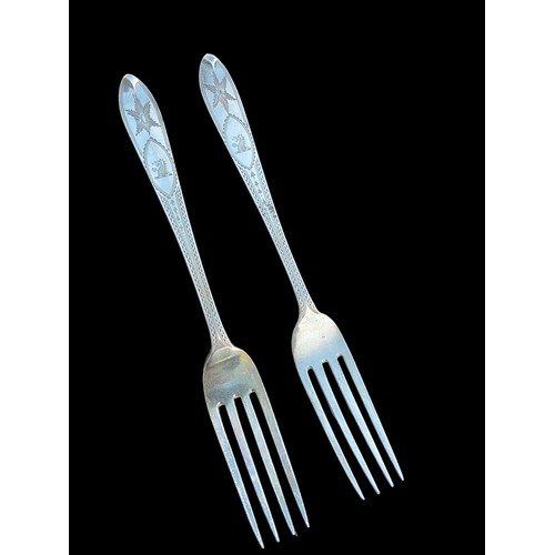 504 - A PAIR OF BRIGHT CUT IRISH SILVER FORKS BY GIBSON 81.39grm