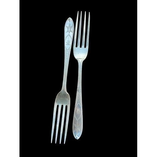 504 - A PAIR OF BRIGHT CUT IRISH SILVER FORKS BY GIBSON 81.39grm