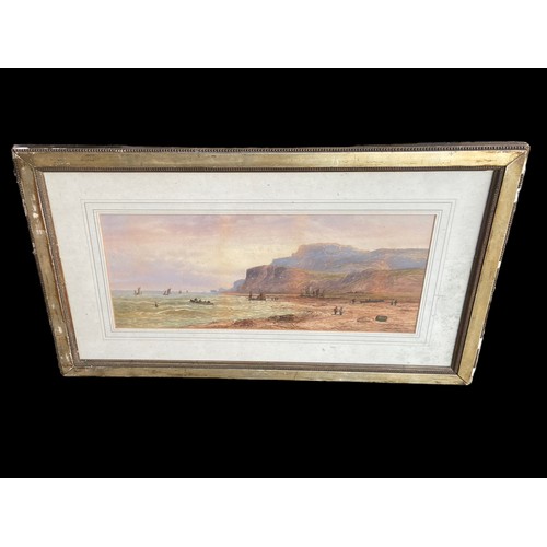 586 - A 19c WATER COLOUR OF A COASTAL SCENE BY L LEWIS 29x18