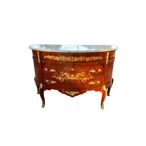 595 - AN INLAID  COMMODE 3 DRAWER CHEST  IN THE FRENCH STYLE WITH A MARBLE TOP MEASURES 48