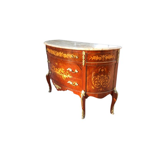 595 - AN INLAID  COMMODE 3 DRAWER CHEST  IN THE FRENCH STYLE WITH A MARBLE TOP MEASURES 48