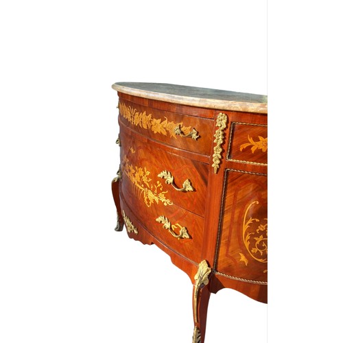 595 - AN INLAID  COMMODE 3 DRAWER CHEST  IN THE FRENCH STYLE WITH A MARBLE TOP MEASURES 48