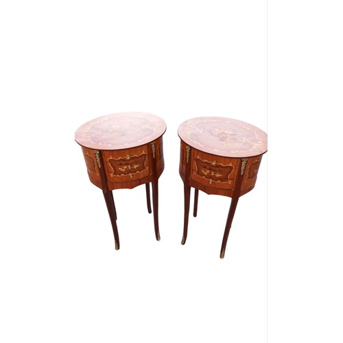 596 - A PAIR OF MARQUETRY INLAID  3 DRAWER LAMP TABLE ON A SPLAYED BRASS MOUNT FOOT