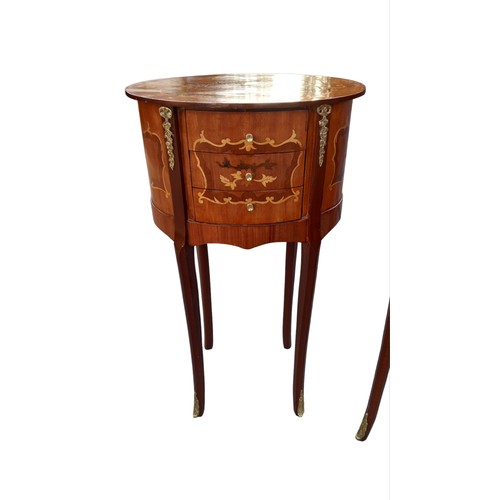 596 - A PAIR OF MARQUETRY INLAID  3 DRAWER LAMP TABLE ON A SPLAYED BRASS MOUNT FOOT