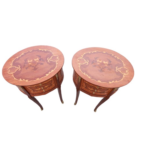 596 - A PAIR OF MARQUETRY INLAID  3 DRAWER LAMP TABLE ON A SPLAYED BRASS MOUNT FOOT