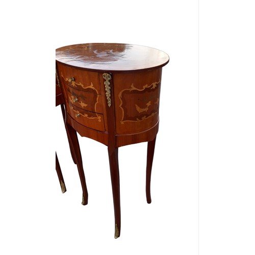 596 - A PAIR OF MARQUETRY INLAID  3 DRAWER LAMP TABLE ON A SPLAYED BRASS MOUNT FOOT