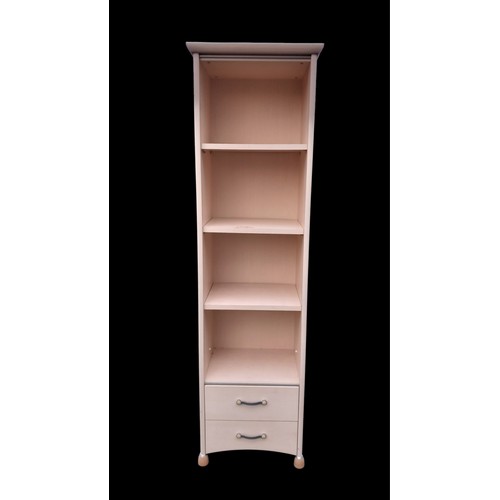 6 - A TALL BEECH NARROW SHELVING WITH DRAWERS TO THE BASE