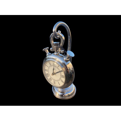 8 - A CHROME FINISHED CLOCK (AS POCKET WATCH) ON STAND