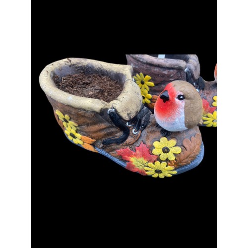 145 - 2 SMALL ROBIN IN BOOT PLANTERS