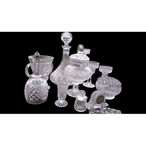 156 - A QTY OF CUT GLASS TO INCLUDE WATERFORD CRYSTAL, TYRONE & GALWAY ICE BUCKET, CLOCKS ETC