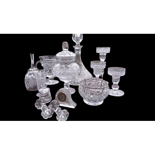 156 - A QTY OF CUT GLASS TO INCLUDE WATERFORD CRYSTAL, TYRONE & GALWAY ICE BUCKET, CLOCKS ETC