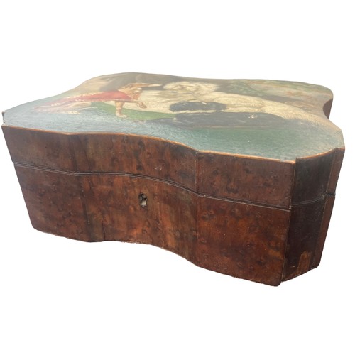 167 - A STUNNING ANTIQUE WALNUT SHAPED WALNUT BOX THAT FITTED INSIDE AND HANDPAINTED TO THE LID