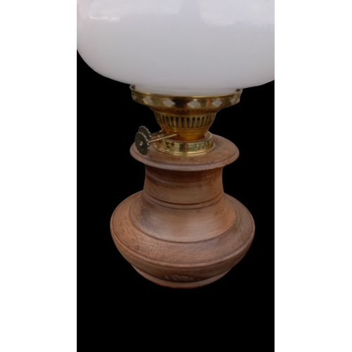 176 - WOODEN OIL LAMP WITH MILK GLASS SHADE AND FUNNEL