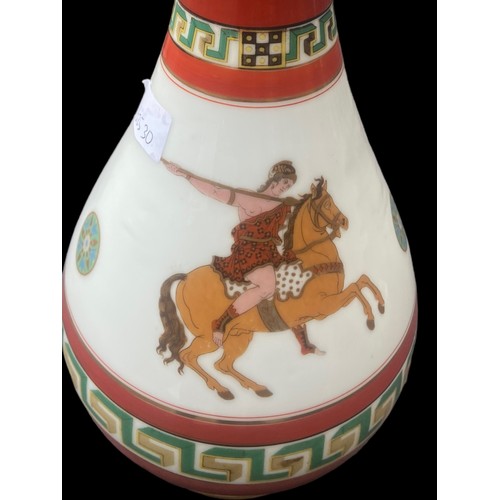 178 - A BEAUTIFUL GLAZED POTTERY VASE IN A GRECIAN STYLE WITH MARKINGS TO BASE APPROX 13