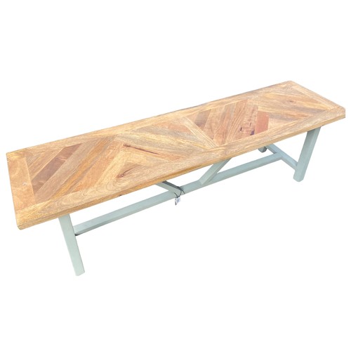 182 - A NEW NATURAL WOOD FINISH TOPPED BENCH SEAT WITH GREEN BASE 61.5X16