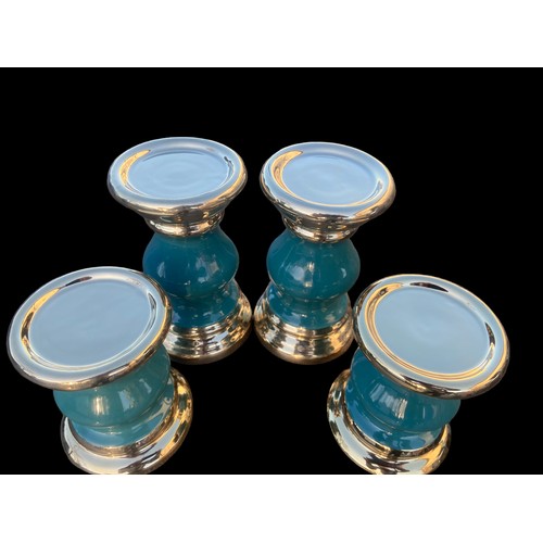 185 - 2 NEW PAIRS OF GRADUATED POTTERY CANDLE HOLDERS IN TURQUOISE AND GOLD