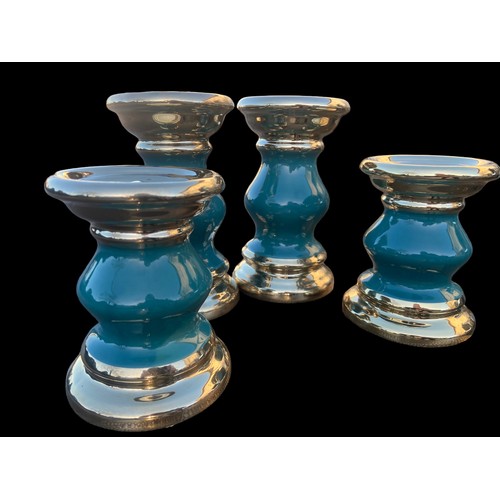 185 - 2 NEW PAIRS OF GRADUATED POTTERY CANDLE HOLDERS IN TURQUOISE AND GOLD