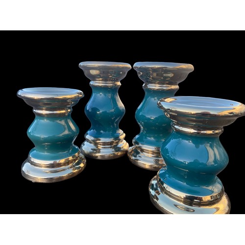 185 - 2 NEW PAIRS OF GRADUATED POTTERY CANDLE HOLDERS IN TURQUOISE AND GOLD