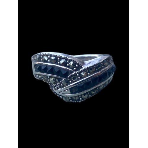 204 - ORNATE SILVER AND MARCASITE SAPPHIRE RING