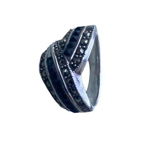 204 - ORNATE SILVER AND MARCASITE SAPPHIRE RING