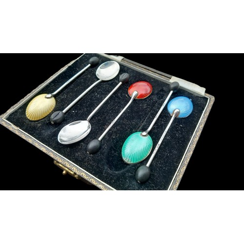 233 - A CASED SET OF 6 SILVER & ENAMEL COFFEE BEAN SPOONS BIRMINGHAM HALLMARK