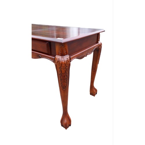 80 - A MAHOGANY 2 DRAWER DESK/TABLE ON A PAW FOOT WITH A CHIPPENDALE STYLE CHJAIR